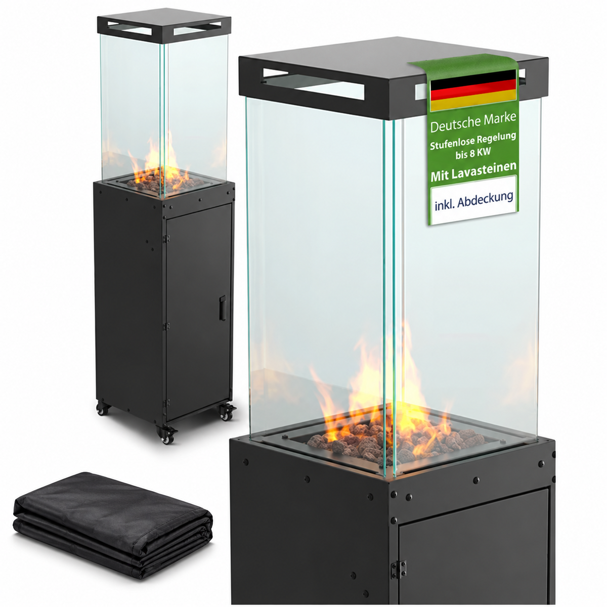 Schwarzer Gartenzeit Gas-Terrassenheizer mit sichtbarer Flamme und mitgelieferter Schutzhülle